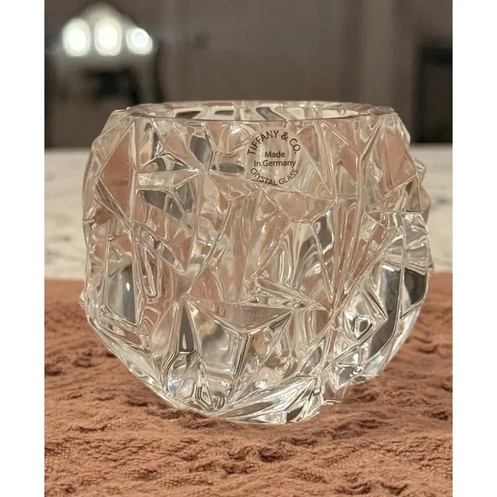 Tiffany & Co Rock Cut Crystal Votive Candle Holder Germany 3” Clear Glass